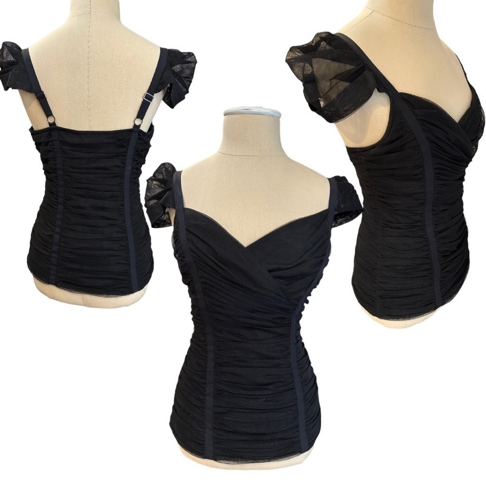 BCBG Criss Cross Sweetheart Neck Bodycon Capped Sleeve Mesh Black Size Small Top